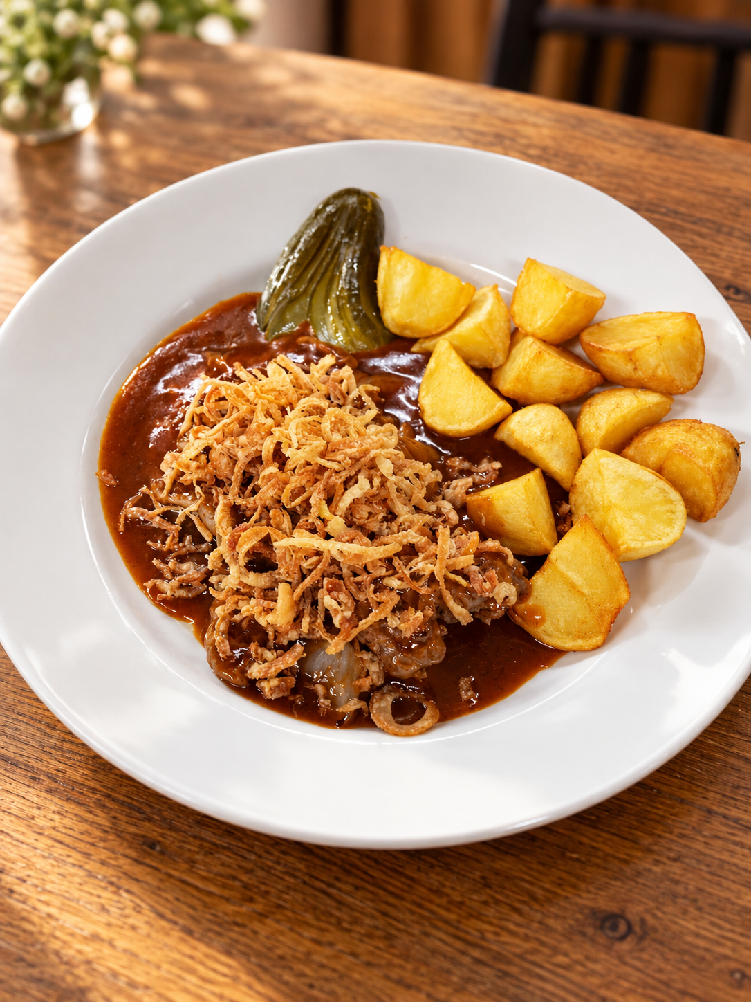 Zwiebelrostbraten mit Braterdäpfeln und knusprigen Röstzwiebeln