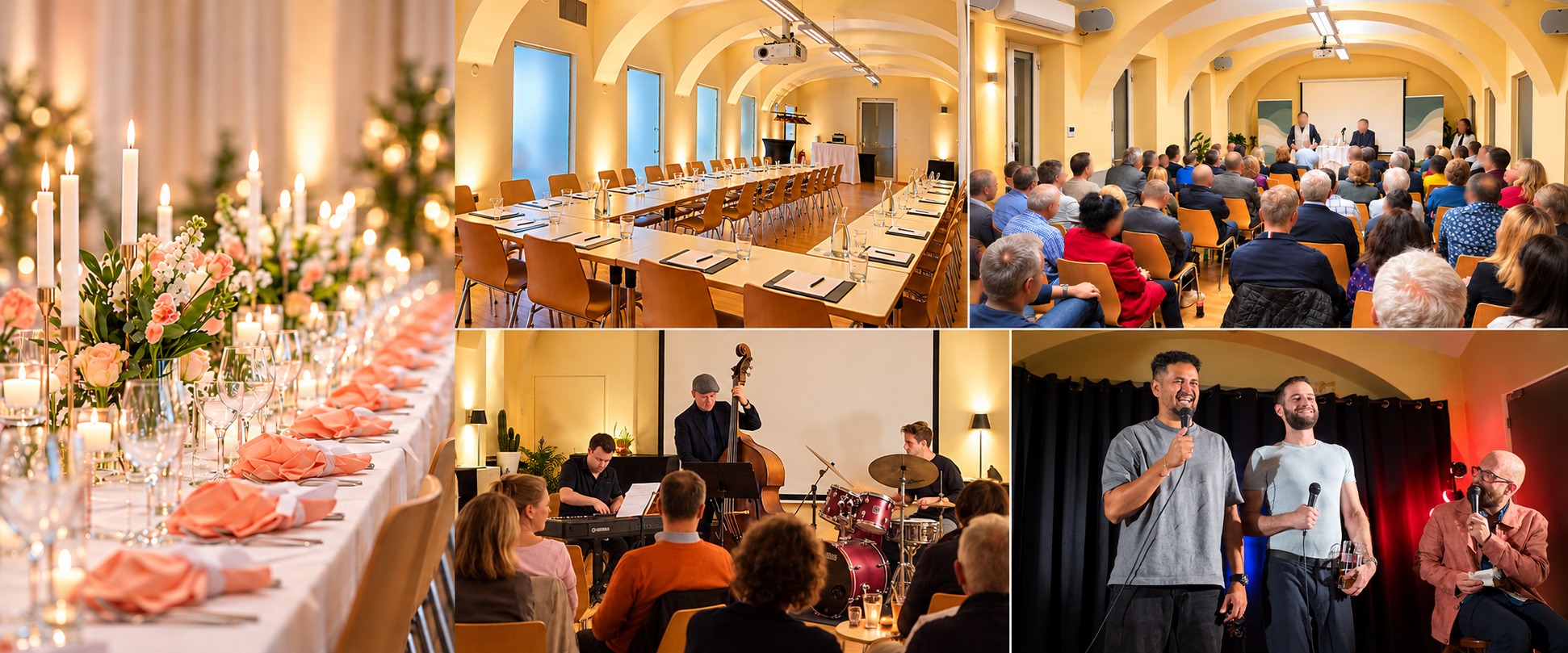 Fotocollage: Feiern, Seminare, Vorträge, Jazz und Comedy im Laudon 16