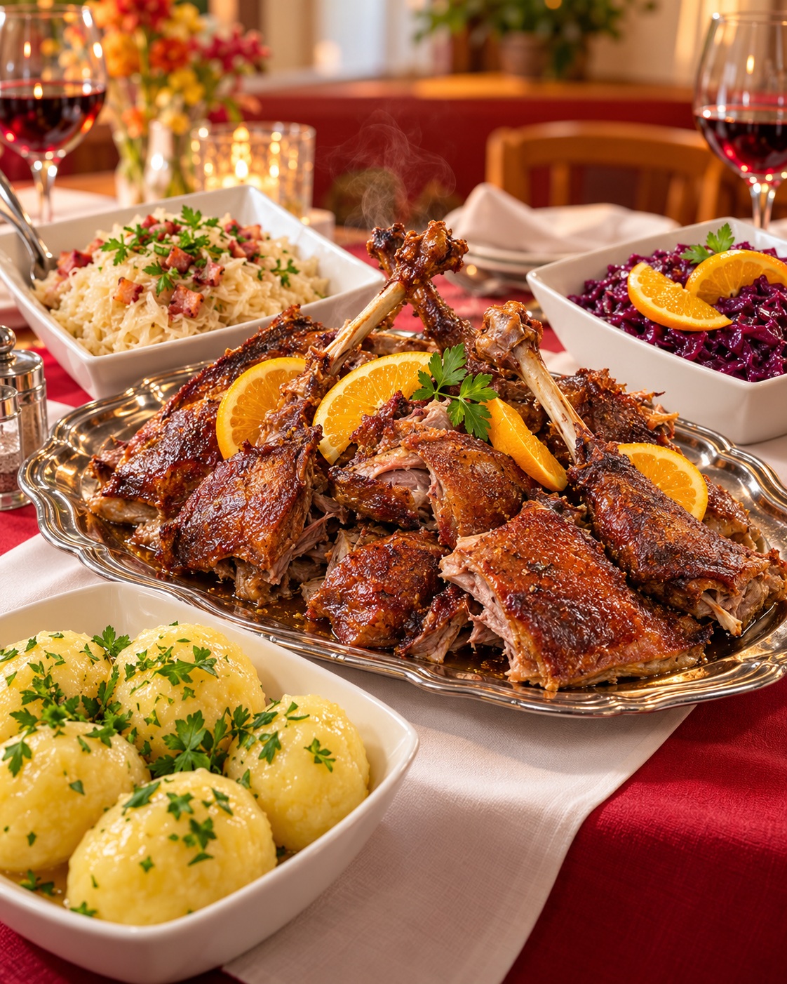 Ganslplatte mit Erdäpfelknödeln und Rotkraut