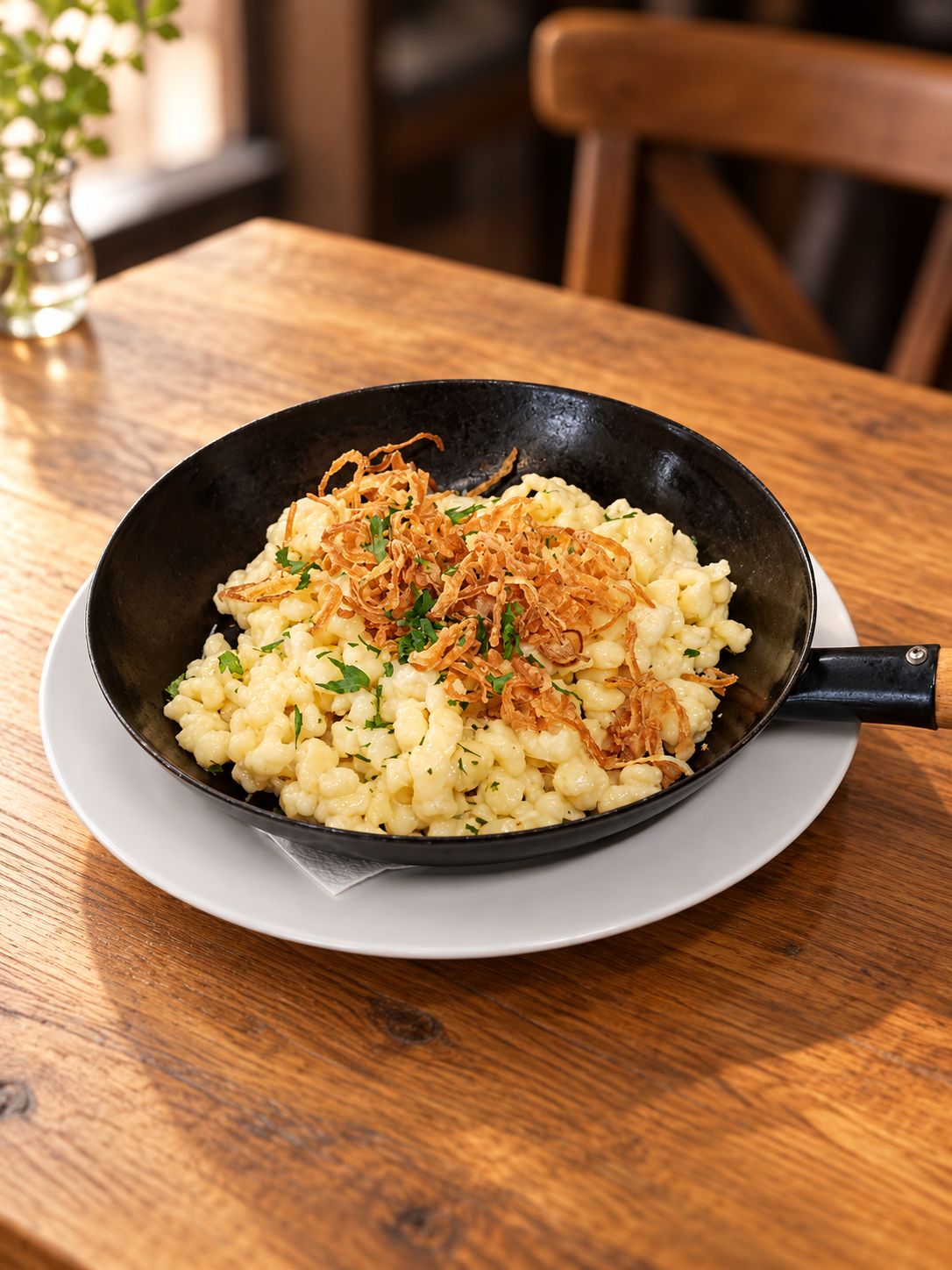 Käsespätzle mit Röstzwiebeln in einer Pfanne