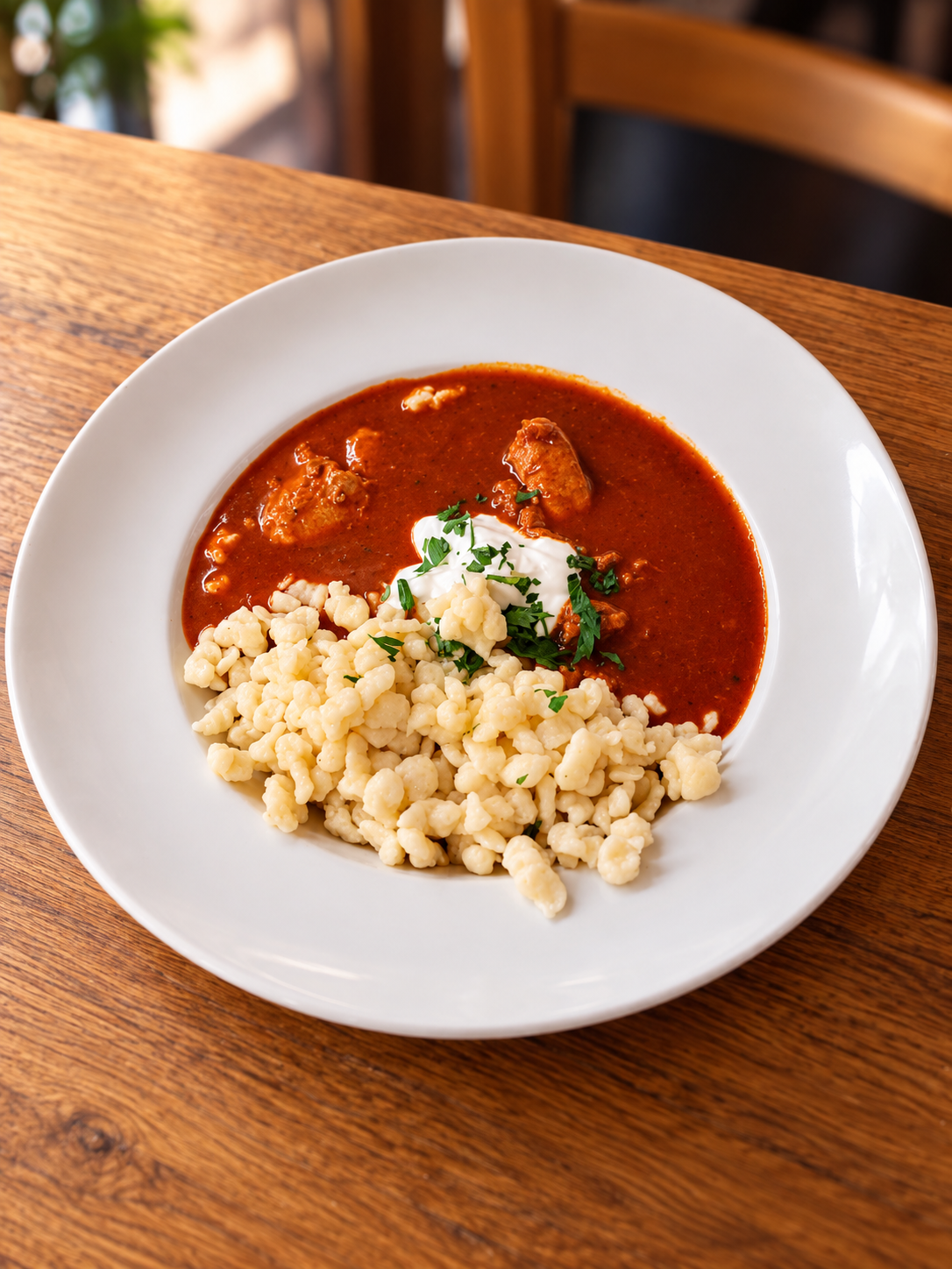 Paprikahendl mit Spätzle und Sauerrahm